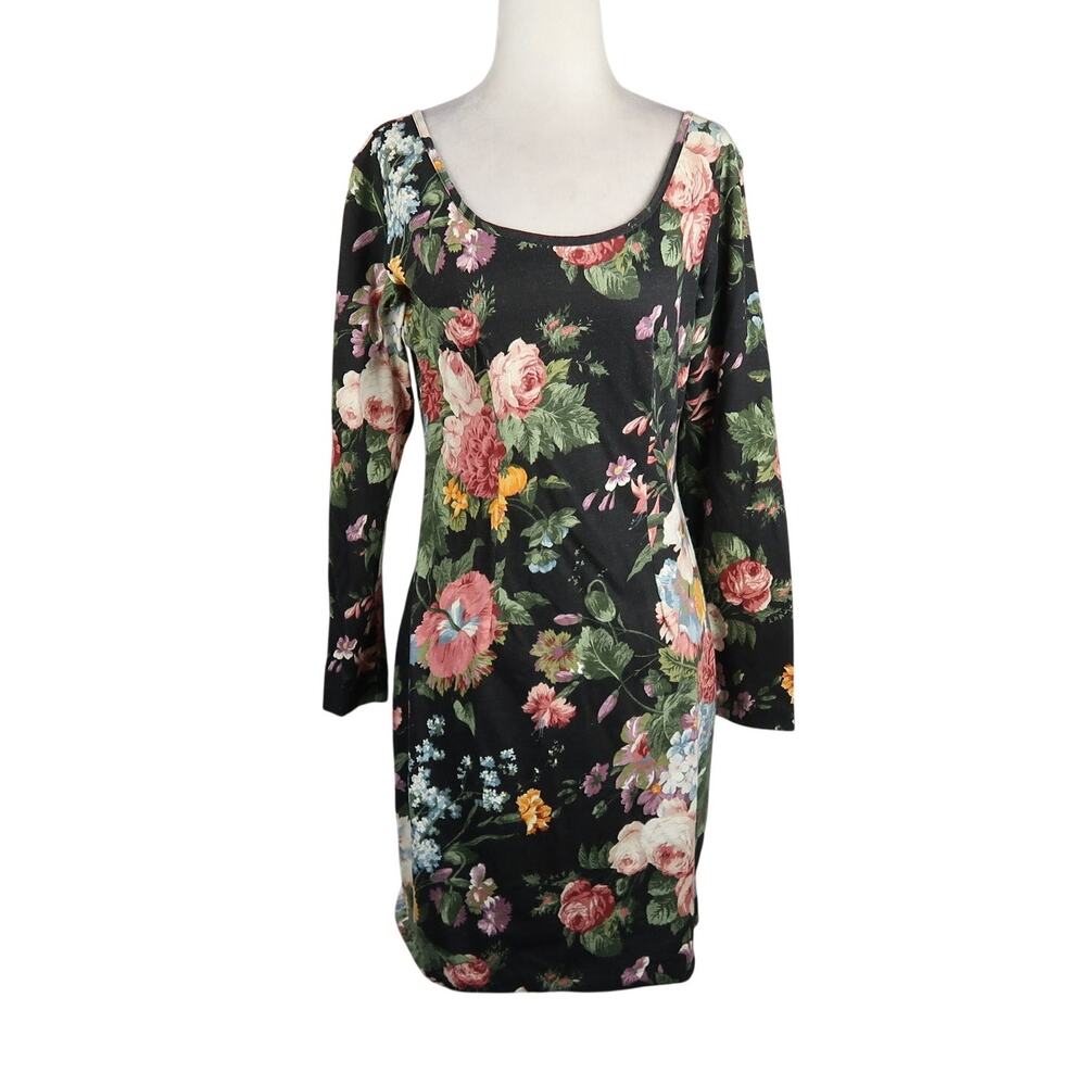 Vintage 90s Lucky Winner Black Pink Rose Floral Bodycon Mini Dress 12